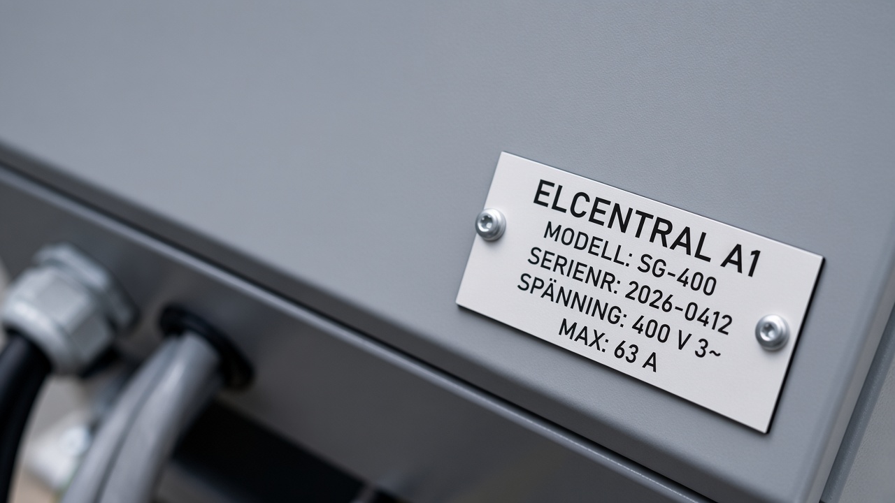 Graverad märkskylt i aluminium på en elcentral